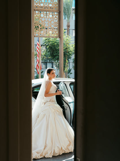 Strapless Drop Waist Satin Ball Gown