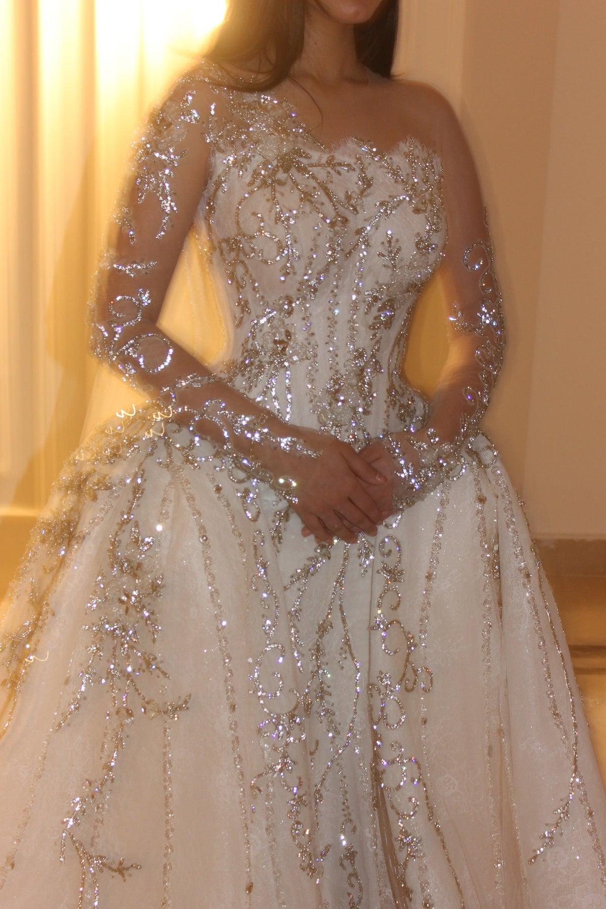 Sequined Long Sleeve Wedding Dress with Overskirt