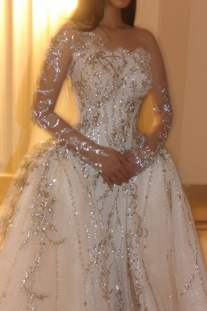 Sequined Long Sleeve Wedding Dress with Overskirt