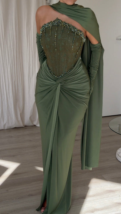 Beaded Corset Evening Gown with Scarf Drape