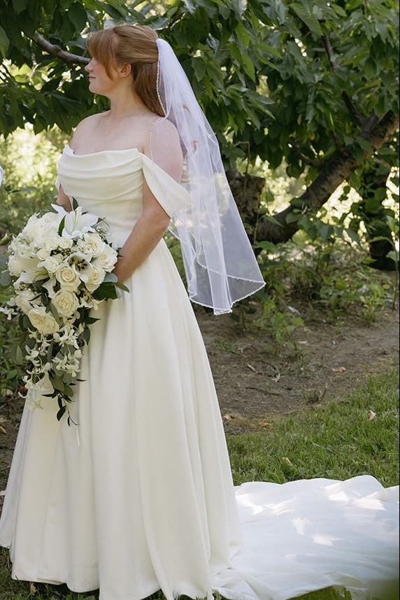 Off-the-Shoulder Satin Wedding Dress with Sweep Train