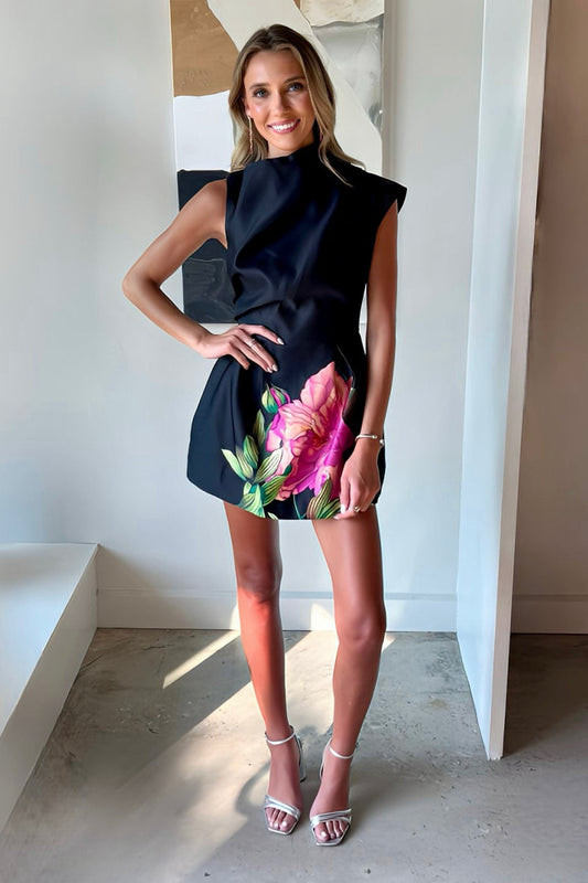 Asymmetrical High-Neck Floral Mini Dress