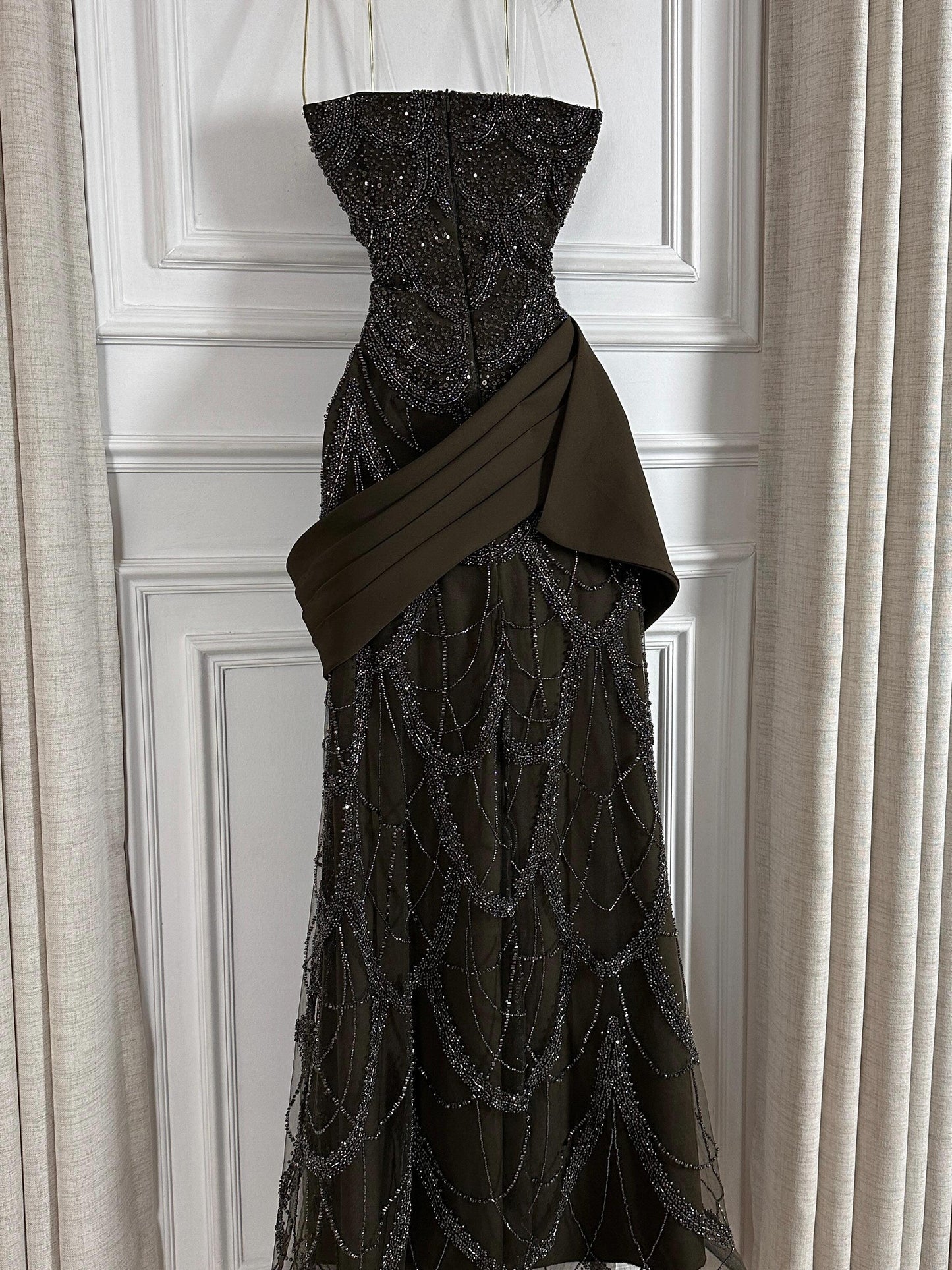 Beaded Mermaid Evening Gown with Satin Drape