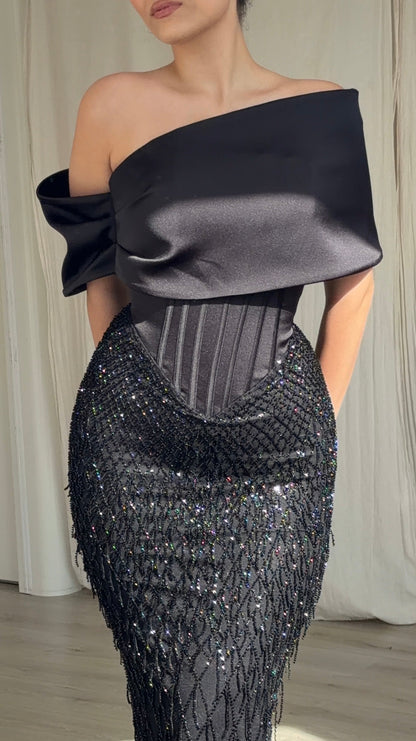 Corset Evening Gown with Beaded Fringe Skirt