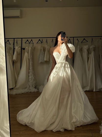 Pleated One-Shoulder Ball Gown Wedding Dress