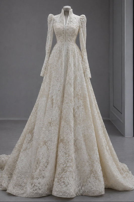 Elegant High Neck A-Line Lace Wedding Gown