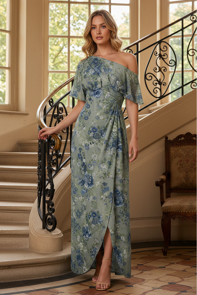 One-Shoulder Floral Wrap Maxi Dress