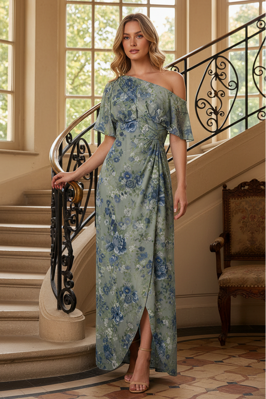 One-Shoulder Floral Wrap Maxi Dress