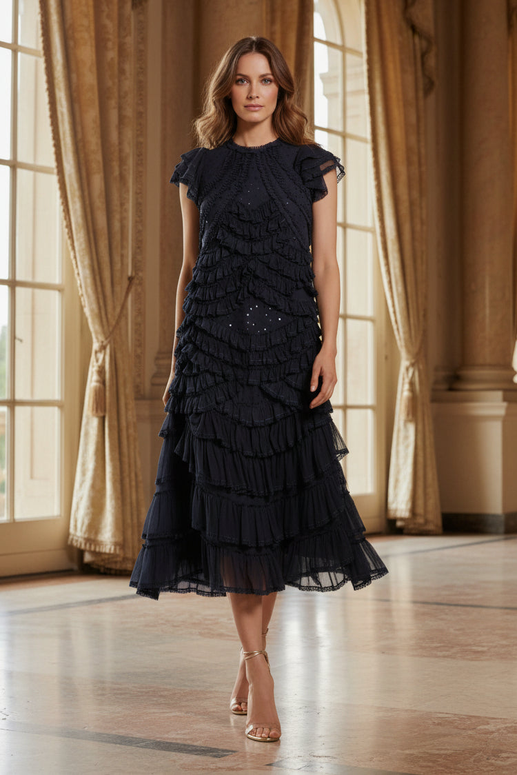 Tiered Ruffle Midi Dress with Flutter Sleeves