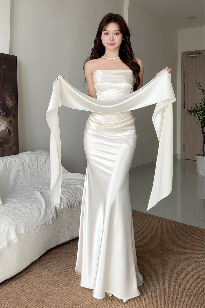 Strapless Ruched Satin Mermaid Gown with Shawl