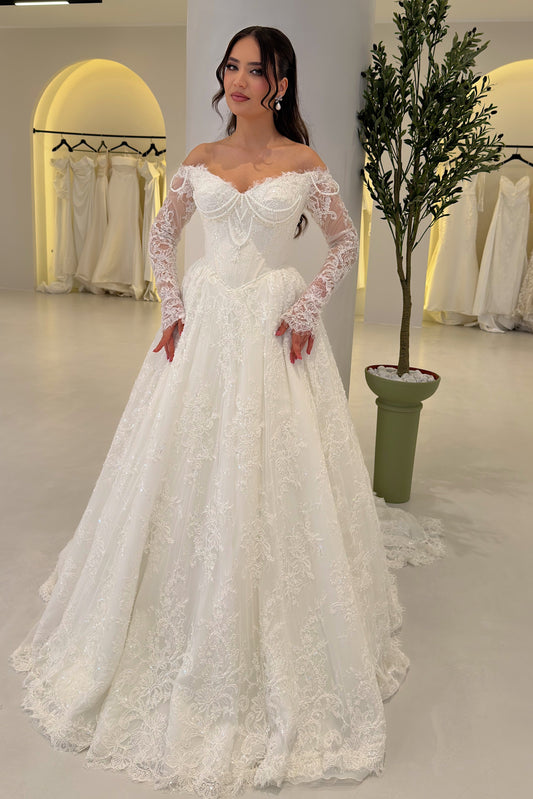 Off-the-Shoulder Lace Ball Gown Wedding Dress