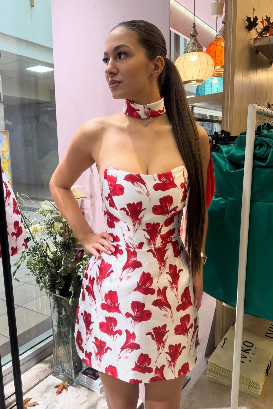 Strapless Floral Print Mini Dress with Choker