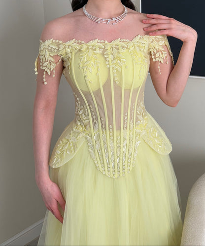 Off-the-Shoulder Corset Gown with Tulle A-Line Skirt