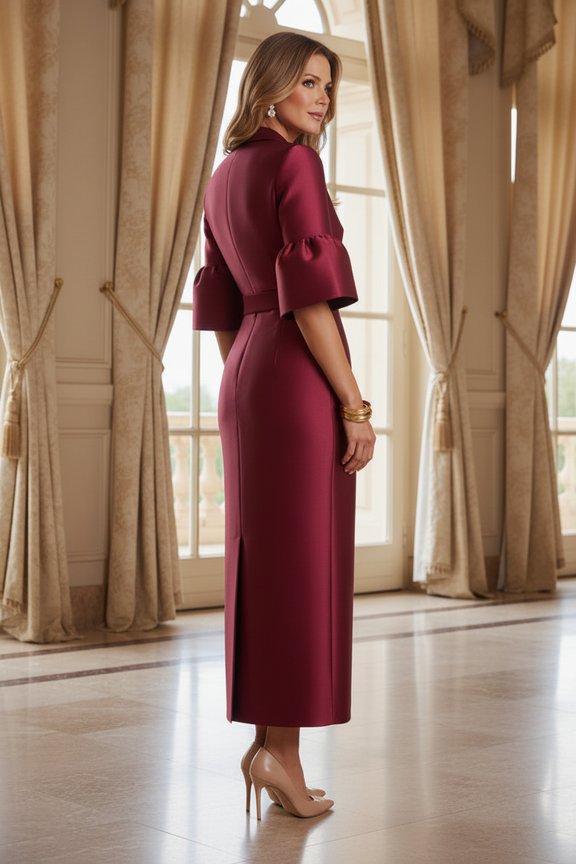 Notched Lapel Column Dress with Bell Sleeves