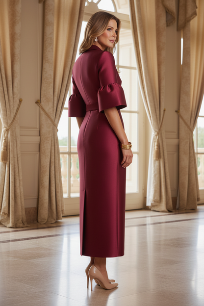 Notched Lapel Column Dress with Bell Sleeves
