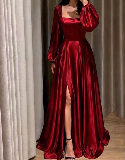 Square Neck Long Sleeve Satin Gown with Slit
