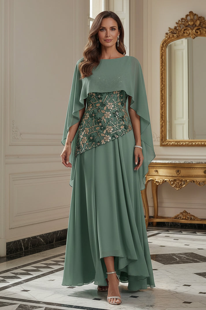 Chiffon Cape Evening Gown with Embroidered Bodice