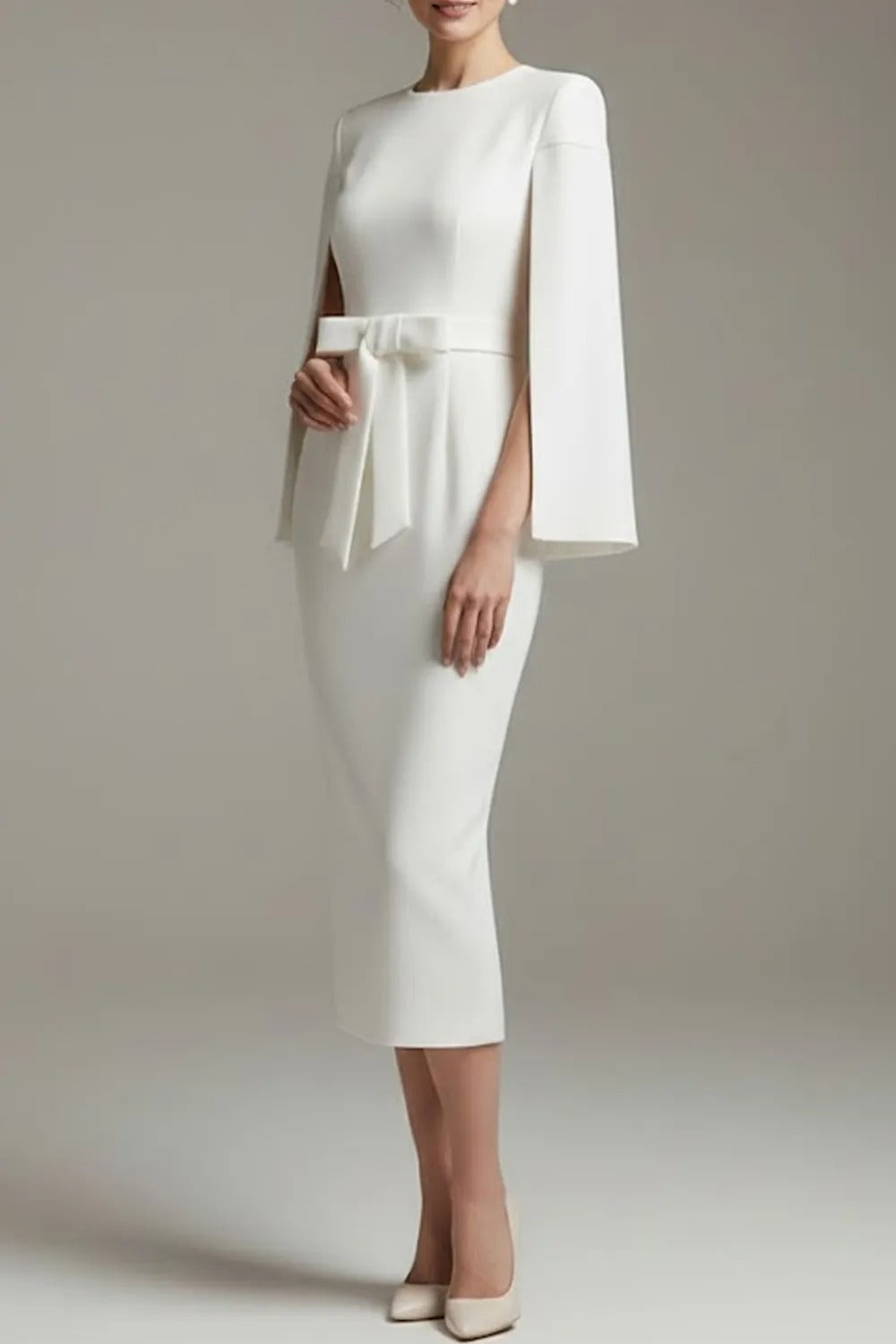 Cape Sleeve Midi Dress with Bow Waist