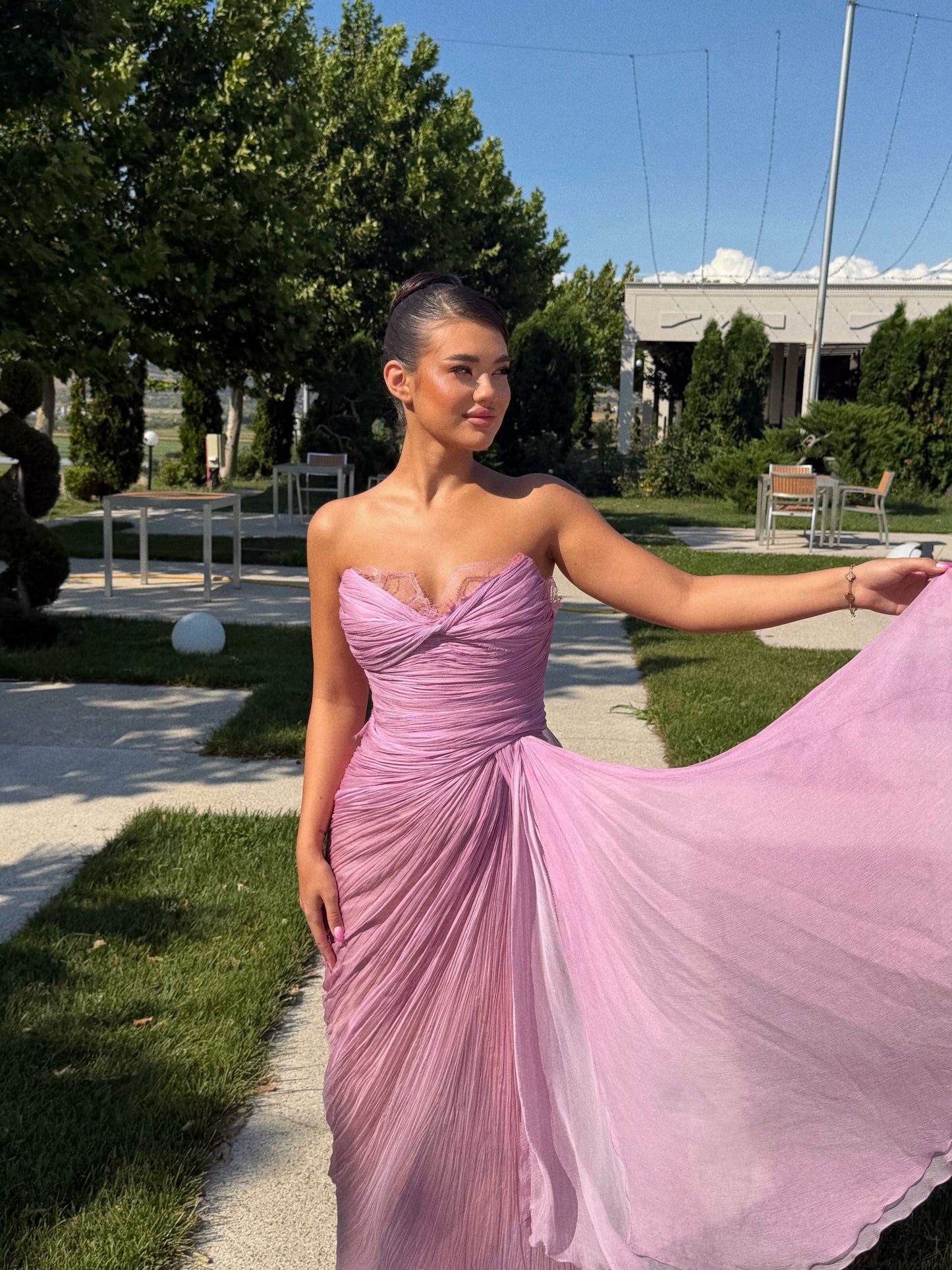 Strapless Pleated Evening Gown with High Slit