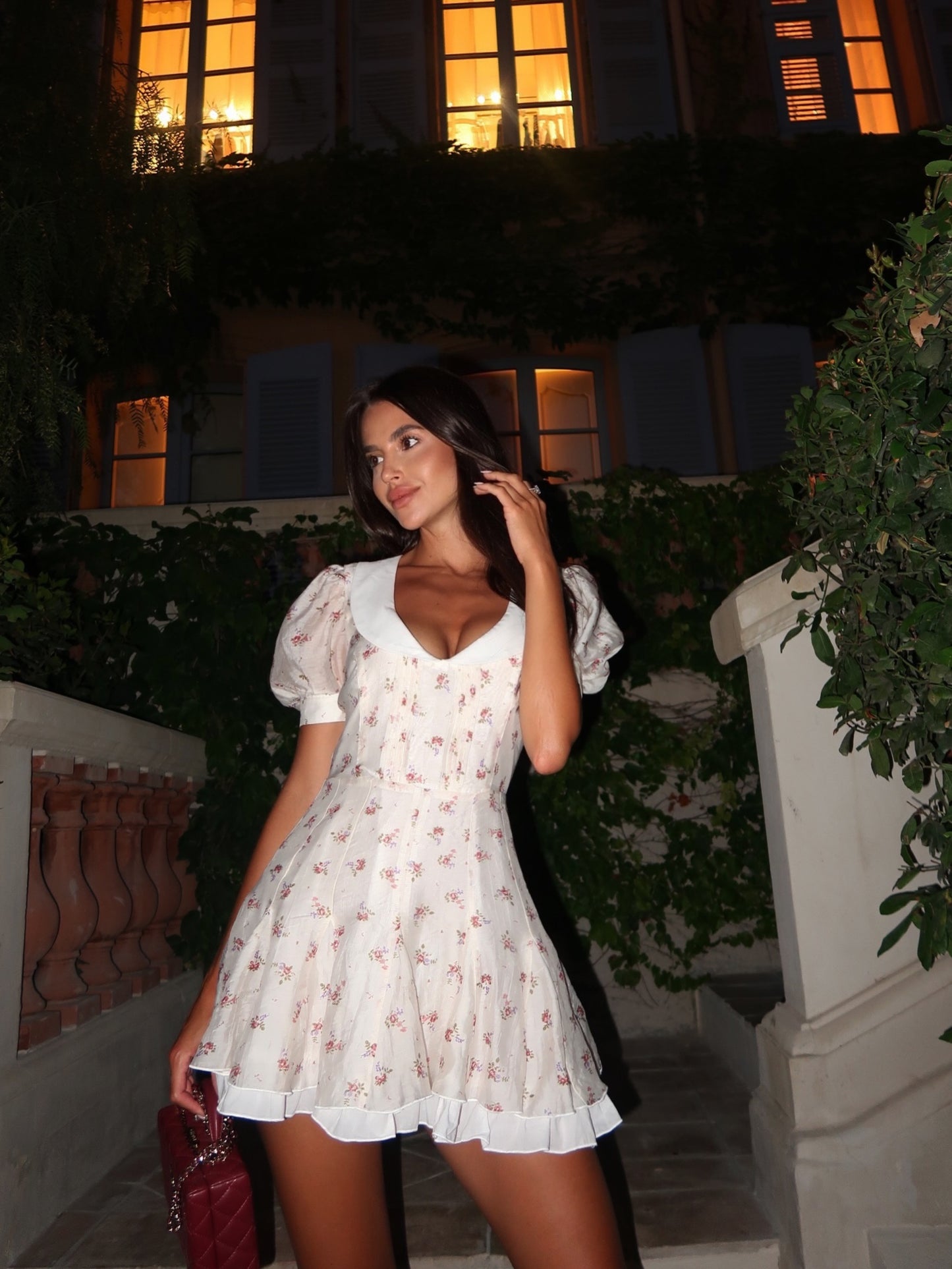 Floral Puff Sleeve Mini Dress with Contrast Collar