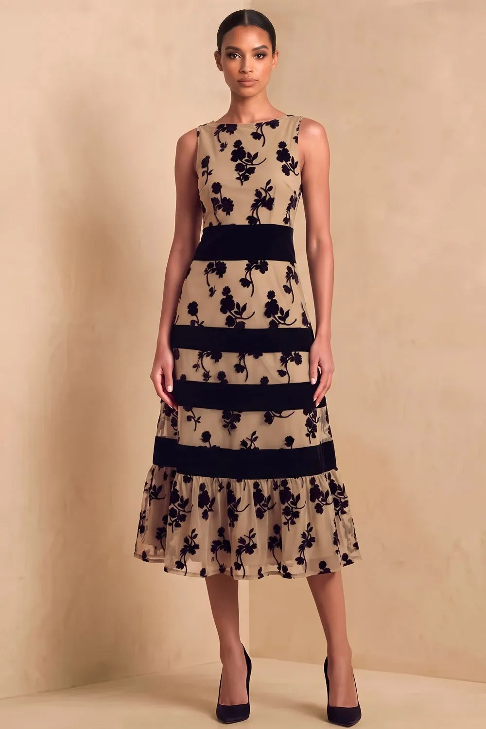 Floral Flocked Midi Dress with Ruffle Hem