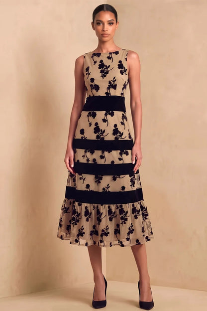 Floral Flocked Midi Dress with Ruffle Hem