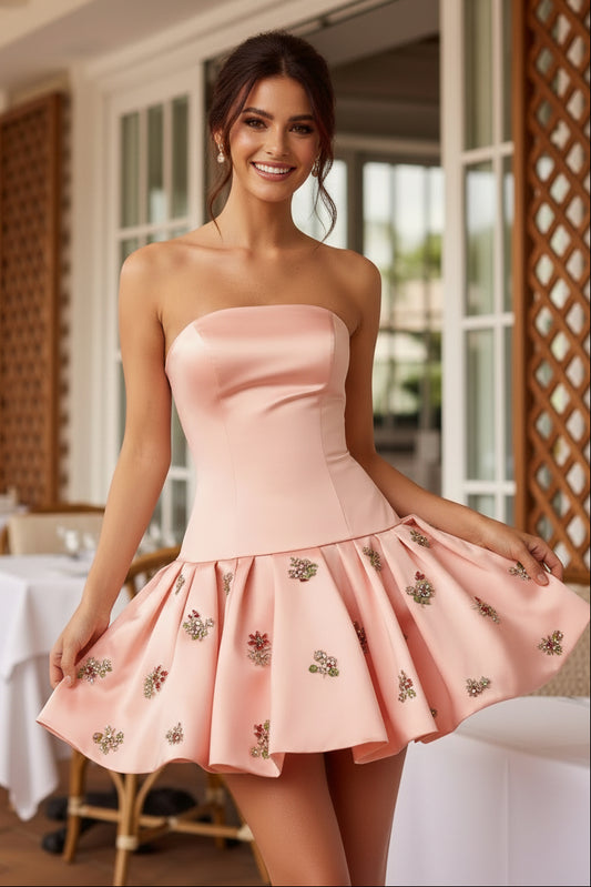 Strapless Satin Pleated Mini Dress with Beaded Flowers