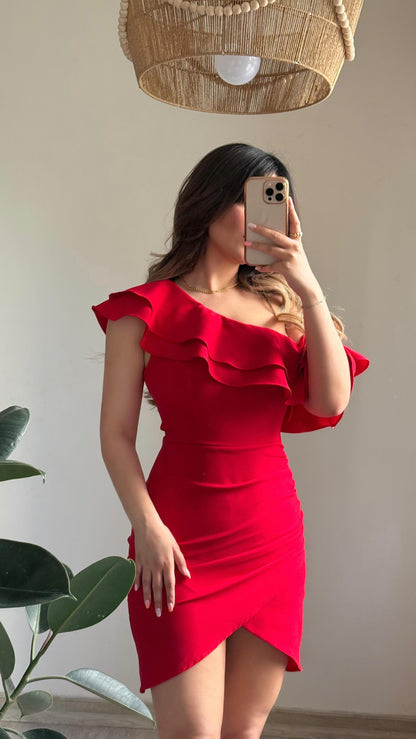 One-Shoulder Ruffle Asymmetric Bodycon Dress