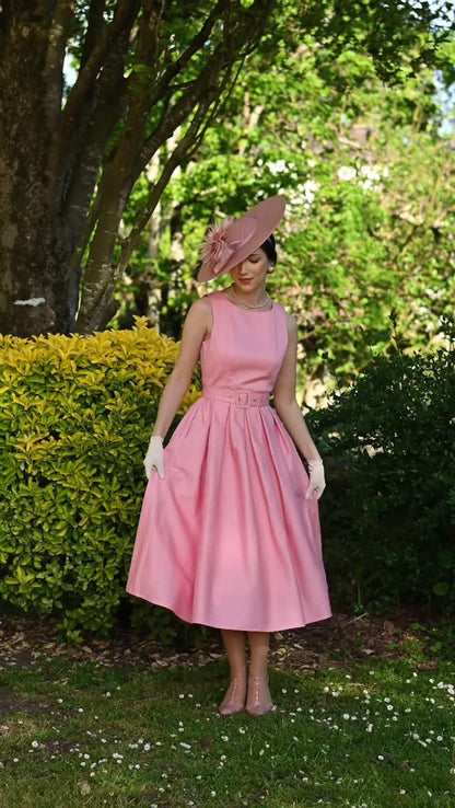 Sleeveless Tea-Length A-Line Dress with Belt