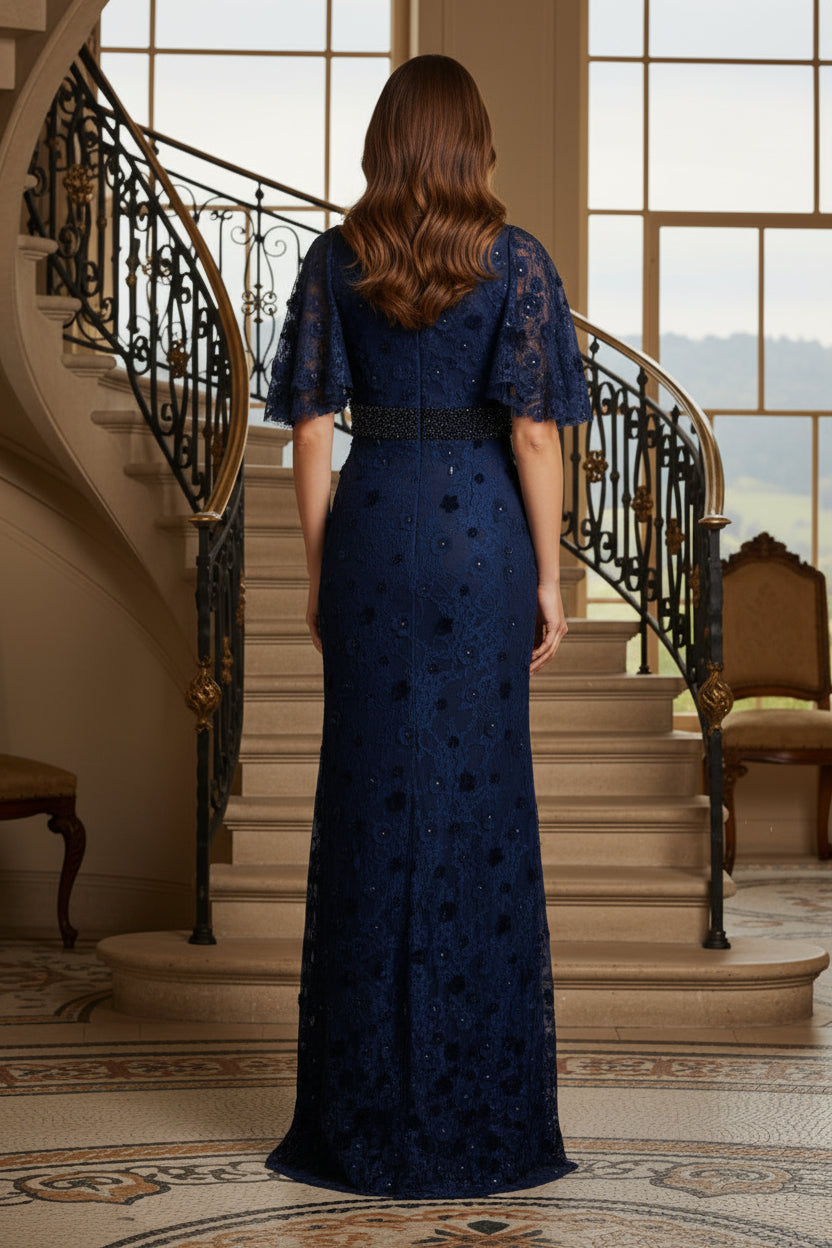 Elegant V-Neck Lace Gown with Flutter Sleeves