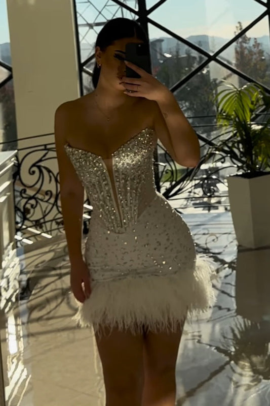 Strapless Corset Embellished Mini Dress with Feathers