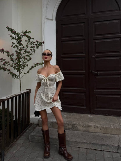 Off-the-Shoulder Floral Cottagecore Mini Dress