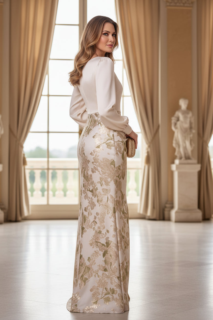Long-Sleeve Satin Gown with Floral Jacquard Skirt & Slit