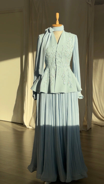 Embellished Peplum Top and Pleated Skirt Set