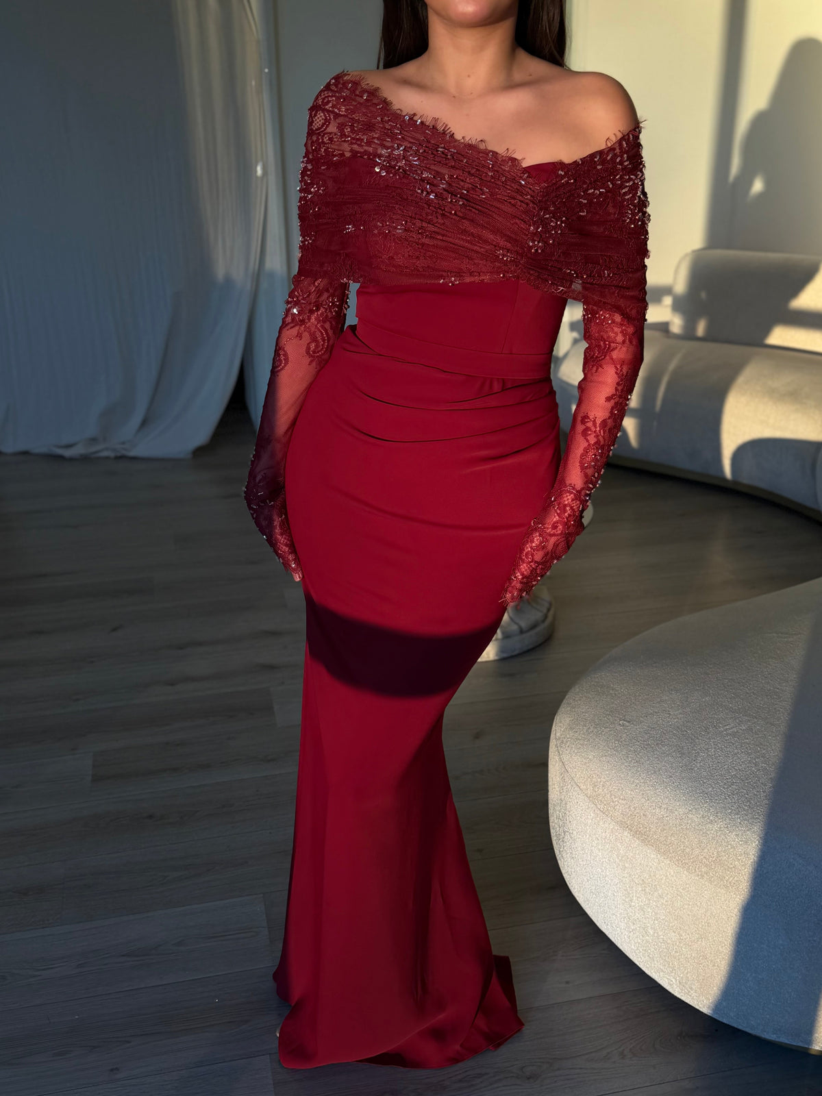 Off-the-Shoulder Beaded Lace Maxi Dress