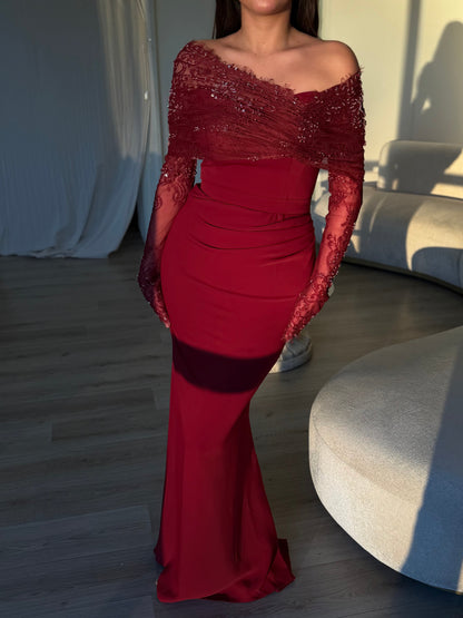 Off-the-Shoulder Beaded Lace Maxi Dress