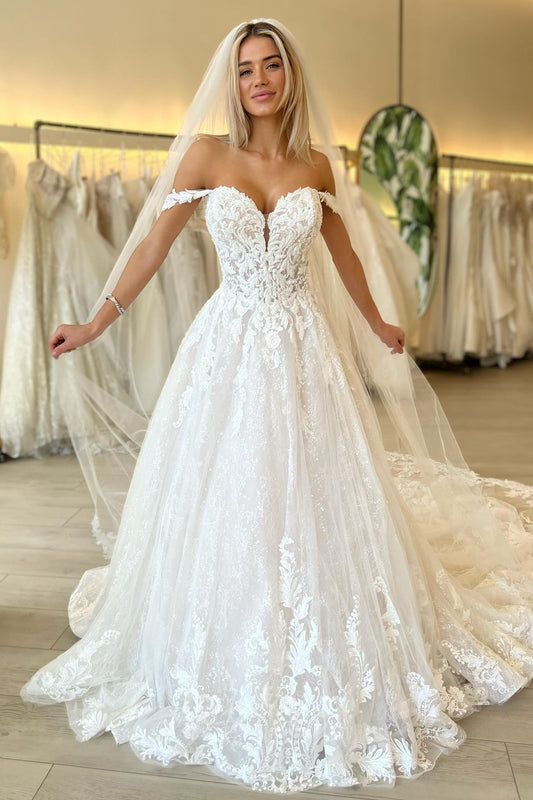 Off-the-Shoulder Sweetheart A-Line Lace Wedding Dress