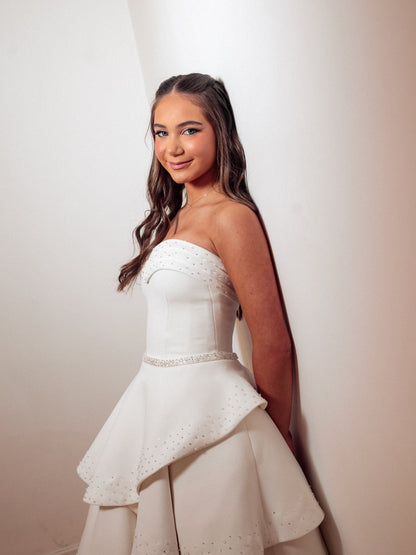 Strapless Tiered Ball Gown with Beaded Details