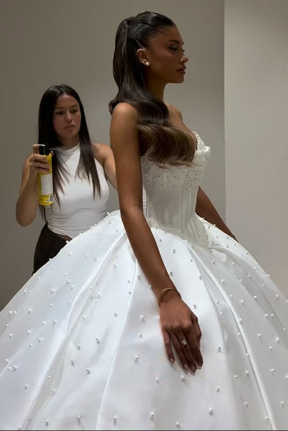 Pearl-Embellished Strapless Ball Gown Wedding Dress