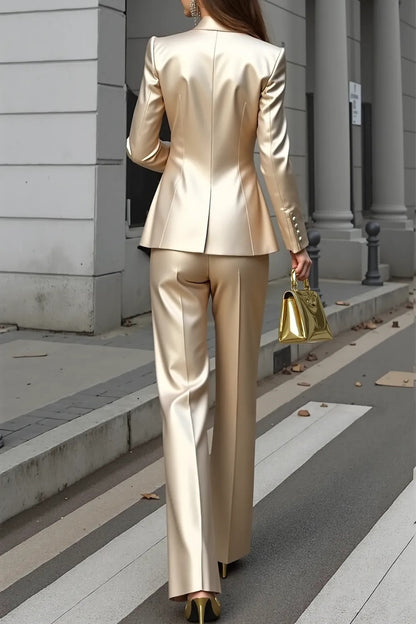 Satin Peak Lapel Blazer and Wide-Leg Pantsuit