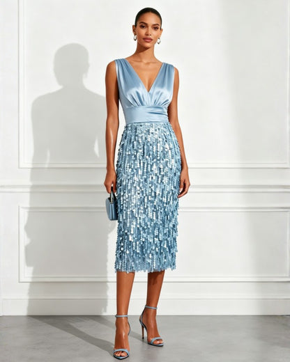 Sleeveless V-Neck Satin and Sequin Fringe Midi Dress