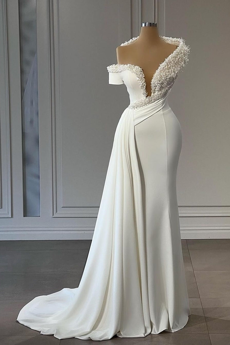 Pearl-Embellished Asymmetrical Mermaid Gown