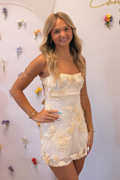 Floral Embroidered Corset Mini Dress with Tie Back