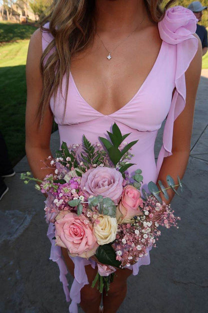 Asymmetrical Ruffled Mini Dress with 3D Flower