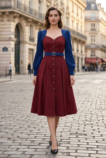 Pleated A-Line Midi Dress with Long Sleeves