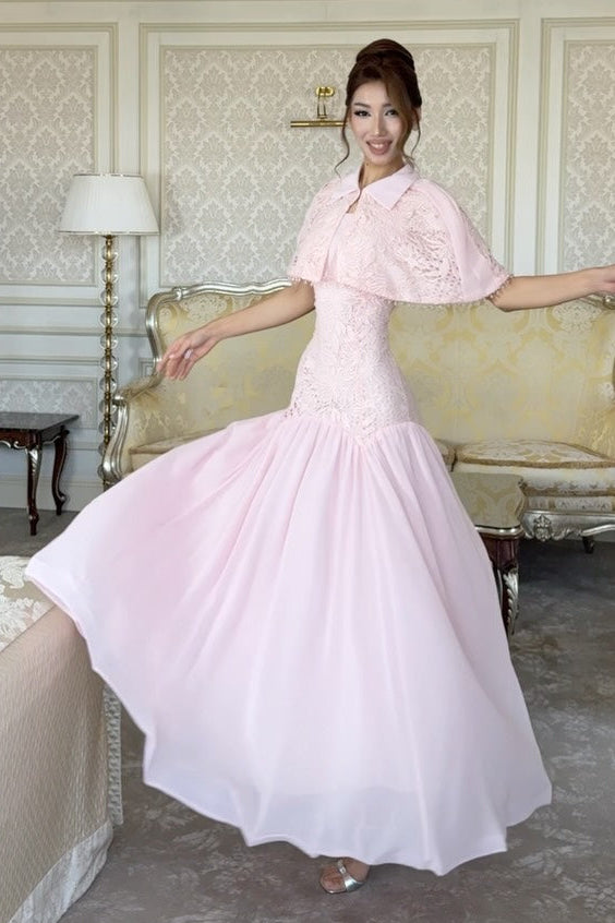 Lace Drop-Waist Gown with Collared Capelet