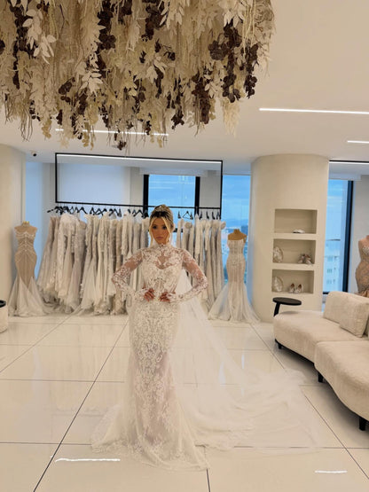 Lace High Neck Wedding Dress with Train