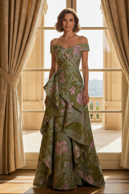 Off-the-Shoulder Floral Jacquard Gown with Ruffle Overlay
