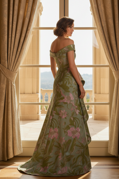 Off-the-Shoulder Floral Jacquard Gown with Ruffle Overlay
