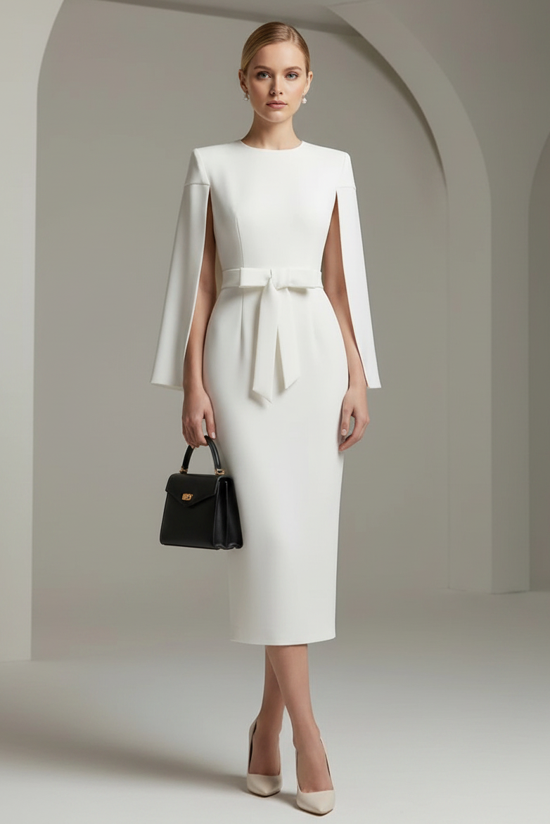 Cape Sleeve Bow Waist Midi Sheath Dress